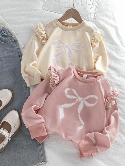 Genkimix Kids 2pcs/Pack Young Girl Bow Print Lace Trim Ruffle Long Sleeve Loose Fit Sweatshirt Fall Winter