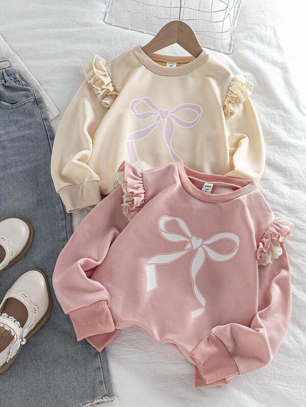 Genkimix Kids 2pcs/Pack Young Girl Bow Print Lace Trim Ruffle Long Sleeve Loose Fit Sweatshirt Fall Winter