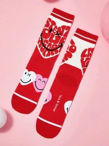 SmileyWorld® | SHEIN 2 đôi tất nữ mềm mại, thoáng khí, thấm hút mồ hôi, kiểu dáng thường ngày, màu trắng và đỏ dễ thương, mũi và gót được gia cố để tăng độ bền, phù hợp mọi mùa hè và đông. - Đỏ - Xem 9