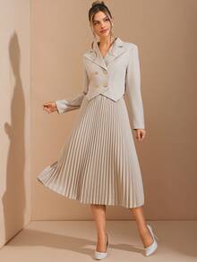 Amorya Women's Elegant Belted Double-Breasted Jacket And Pleated Skirt 2 Pieces Set, Suitable For Daily Commute And Multiple Occasions Autumn Clothes