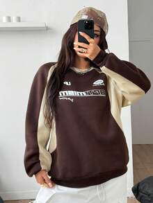 SHEIN Coolane 女式秋冬羊毛拼色宽松卫衣 - 咖啡棕 - 查看 5