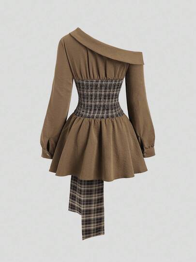 SHEIN Sweetro French Casual Vintage Brown Plaid Patchwork Sexy Asymmetrical Shoulder Lapel Waist Fitted A-Line Puff Sleeve Spring New Women Short Dress
