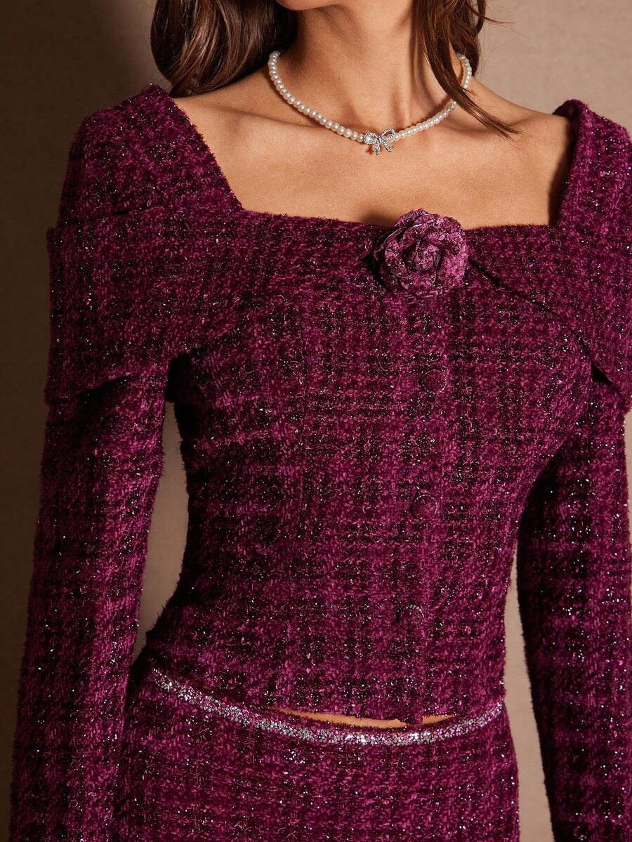 Enchnt 女士时尚优雅方领3D花卉长袖夹克 - 酒紅色 - 查看 1