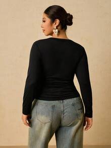 Freevana Plus Size Women Black Long Sleeve Round Neck Thermal Undershirt, Waist Ruched Tummy Control T-Shirt Long Sleeve Black Top Black Tops Curve Fitted Tops Women Long Sleeve Tops Plus Solid Color Ribbed Knit T Shirt/Fall/Winter Solid Color T Shirt Plus Size Top Cozy Fall And Winter Clothes For Women Elegant