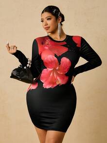 SHEIN VCAY 大码女式花卉印花长袖修身连衣裙，夏季 - 黑色 - 查看 1