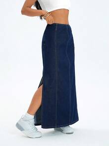 SHEIN Casual Low-Waist Patchwork Side Slit Maxi Denim Skirt