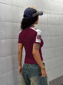 StreetHx Women's Navy Blue Numeric Print Streetwear Short Sleeve T-Shirt, Spring/Summer