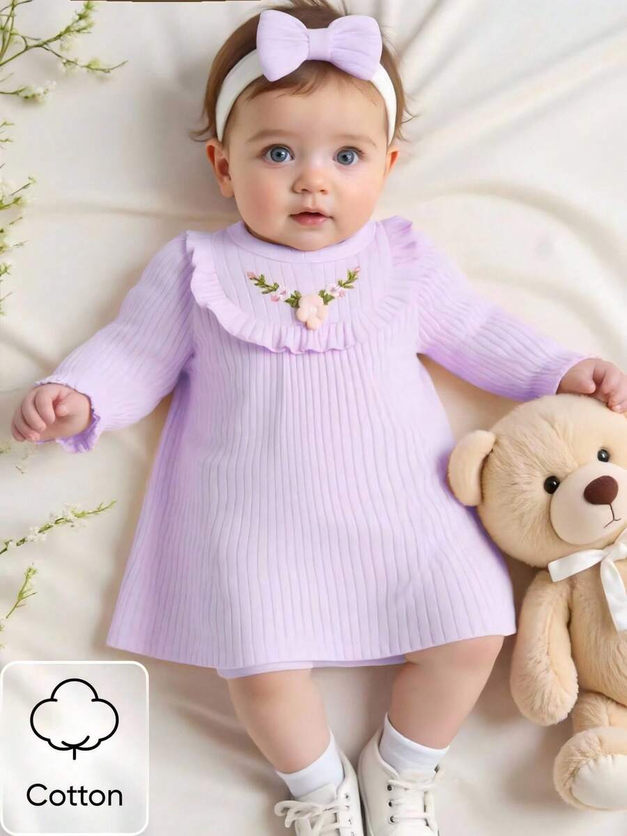 SHEIN 新生兒長袖米色圓領泡泡袖立體刺繡洋裝，可愛優雅、簡約舒適，適合秋季