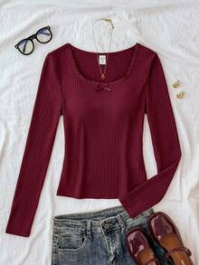 少女百搭休闲纯白针织圆领宽松长袖蕾丝蝴蝶结T恤上衣，返校季，可爱秋冬款 - 酒紅色 - 查看 7