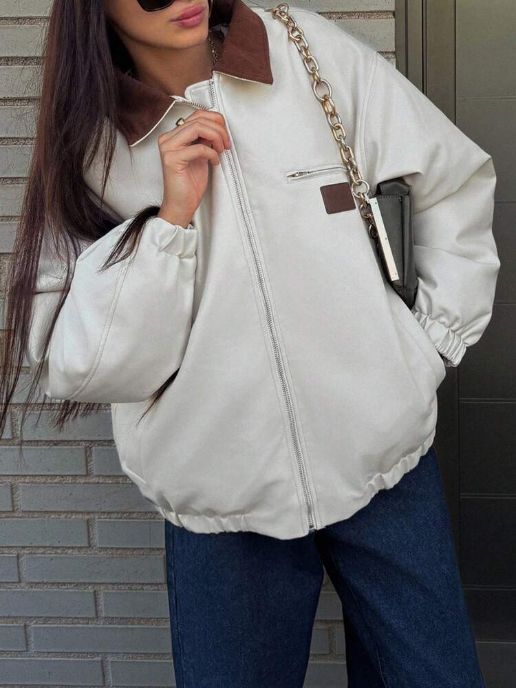 Women's Padded Coat With Contrast Color Patchwork And Lantern Sleeves, Thick And Warm For Autumn/Winter Jacket Leather Jacket