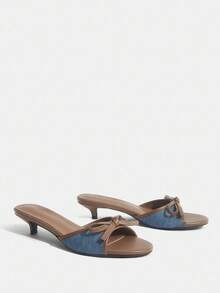 CUCCOO TILAWA Women's Elegant Bowknot Round Toe Kitten Heel Sandals, Sweet Romantic Blue & Brown PU Mixed, Suitable For Afternoon Tea, Date, Vacation