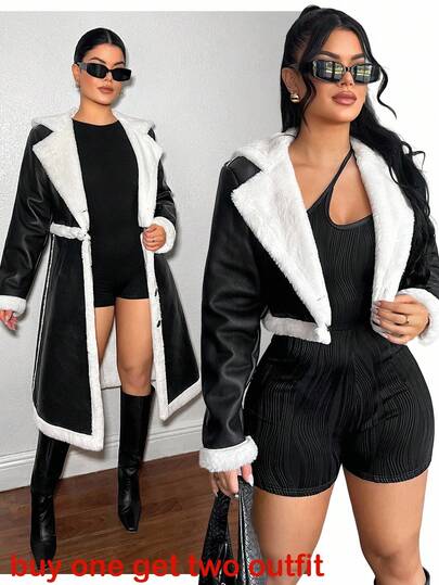 SHEIN SXY Women's Autumn/Winter New Arrival Faux Fur Collar Long Coat, Midi Length , Black And White Coat Faux Fur Coat Black And White Winter Coat,Winter Clothes For Women, Going Out Tops For Women