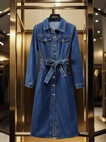GlowEve Fake Pocket-Breasted Belted Denim Dress