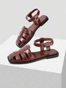 MOTF PREMIUM Giày sandal đế bằng mũi vuông bằng da PU thoải mái dành cho nữ để mang hàng ngày - màu nâu - Xem 5