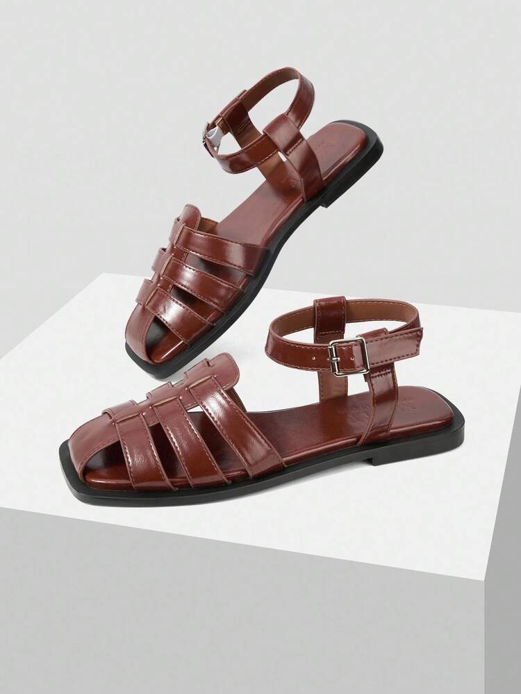 WOMEN'S COMFORTABLE PU LEATHER SQUARE TOE FLAT SANDALS FOR DAILY WEAR SPRING SHOES SUMMER SHOES