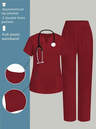 PopScrub 1 Set Solid Color Short Sleeve Top And Pants Scrub Uniform