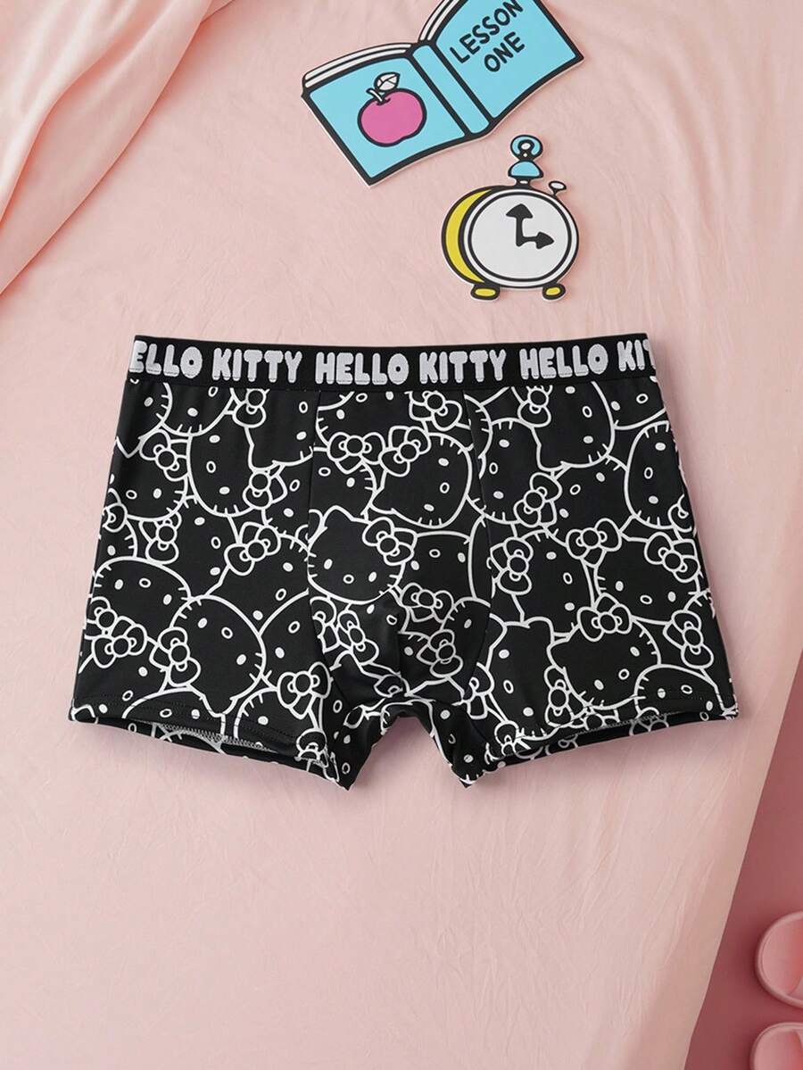 HELLO KITTY AND FRIENDS | SHEIN 1pc Men's Black Cute Cartoon Full Print Letter Elastic Tape Comfortable Trunks Boxer Briefs Graphic Boxers Cartoon Boxers - Black - View 1