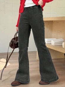 DAZY Tween Girls Fleeced Denim Flared Pants, Fall,Winter - Grey - View 4