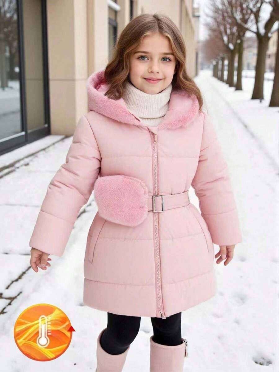 Elladie kids 女童绗缝中长款连帽羽绒服，腰部收紧，带口袋，适合休闲、户外、秋冬季穿着。女童冬季外套，粉色冬季外套，女童外套，带毛领连帽外套。 - 淺粉色 - 查看 1