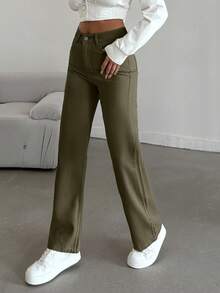 EURMUSE 100%Cotton HIGH RISE BEIGE WIDE LEG PETITE SIZE JEAN - Khaki - View 4