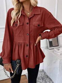 EMERY ROSE 休闲宽松长袖纯色纽扣口袋女式外套 - 棕色 - 查看 6