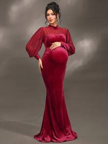 Cheriluna Maternity Maternity Long Sleeve Stand Collar Backless Fishtail Dress, Suitable For Christmas Party, Elegant Party, Baby Shower - Burgundy - View 6