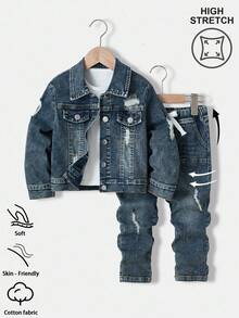 Ensemble vintage en jean délavé pour jeunes garçons, en 2 pièces, avec des détails déchirés, effilochés et usés. Veste décontractée avec poches et jean fuselé à taille élastique. Confortable et pour le port quotidien, l'école, les déplacements, les sorties, la rentrée scolaire