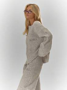 MUSERA Oversized Rib Knit Embroidered Zip Through Long Sleeve Cardigan Only Cosy Cute Casual Coffee Club Winter Elegant Evening Party Spring Sweater Spring Vacation - Grey - View 4