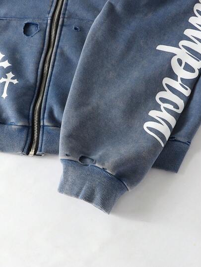 Street Life Sudadera con capucha corta y holgada con estampado de cruz desgastado para hombre, otoño