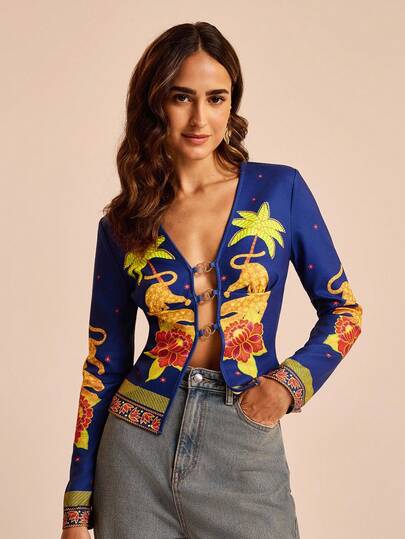 CAJUNI 女士度假热带花卉、老虎、椰子树印花长袖上衣，金属装饰，百搭秋冬装