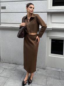 INAWLY Women's Solid Color Long Sleeve Zip-Up Jacket And Skirt Casual 2-Piece Set, Autumn - Brown - View 6