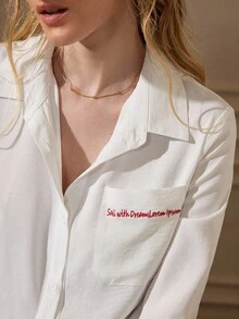 Écloséra French Vintage Pocket With Embroidery. Placket-Style Shirt. White Embroidered Long-Sleeve Shirt For Fall/Winter Fall Clothes For Women Long Sleeve Going Out Top Women's Social Blouse Women's Dress Shirt