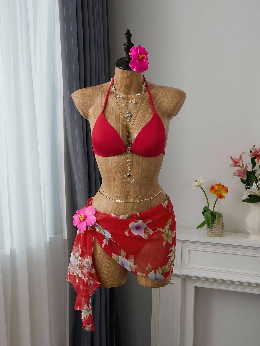 SHEIN Swim 2pcs Women's Summer Beach Solid Color Halter Tie Sexy Bikini Swimsuit Set, Underwired