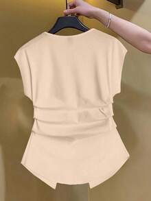 Franclia Women's Solid Color V-Neck Cap Sleeve Ruched Hem Fashionable T-Shirt - Apricot - View 2
