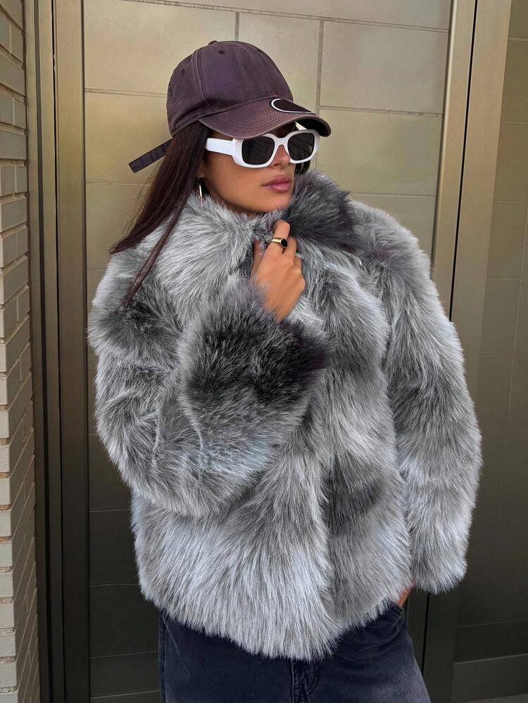 Women's Ombre Loose Fit Long Sleeve Lapel Elegant Street Style Fluffy Jacket, Autumn/Winter Women Coats