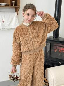 LMoss Kids LMoss  2pcs Tween Girls Solid Color Knit Fleece Casual Jacket And Pants Set Teen Girl Brown Set Tween Matching Set Knit Young Girl Warm Furry Vest Set,Christmas,Styles Confortables D'automne&Hiver,Gemütliche Herbst- & Winterstile,Cozy Fall & Winter Styles