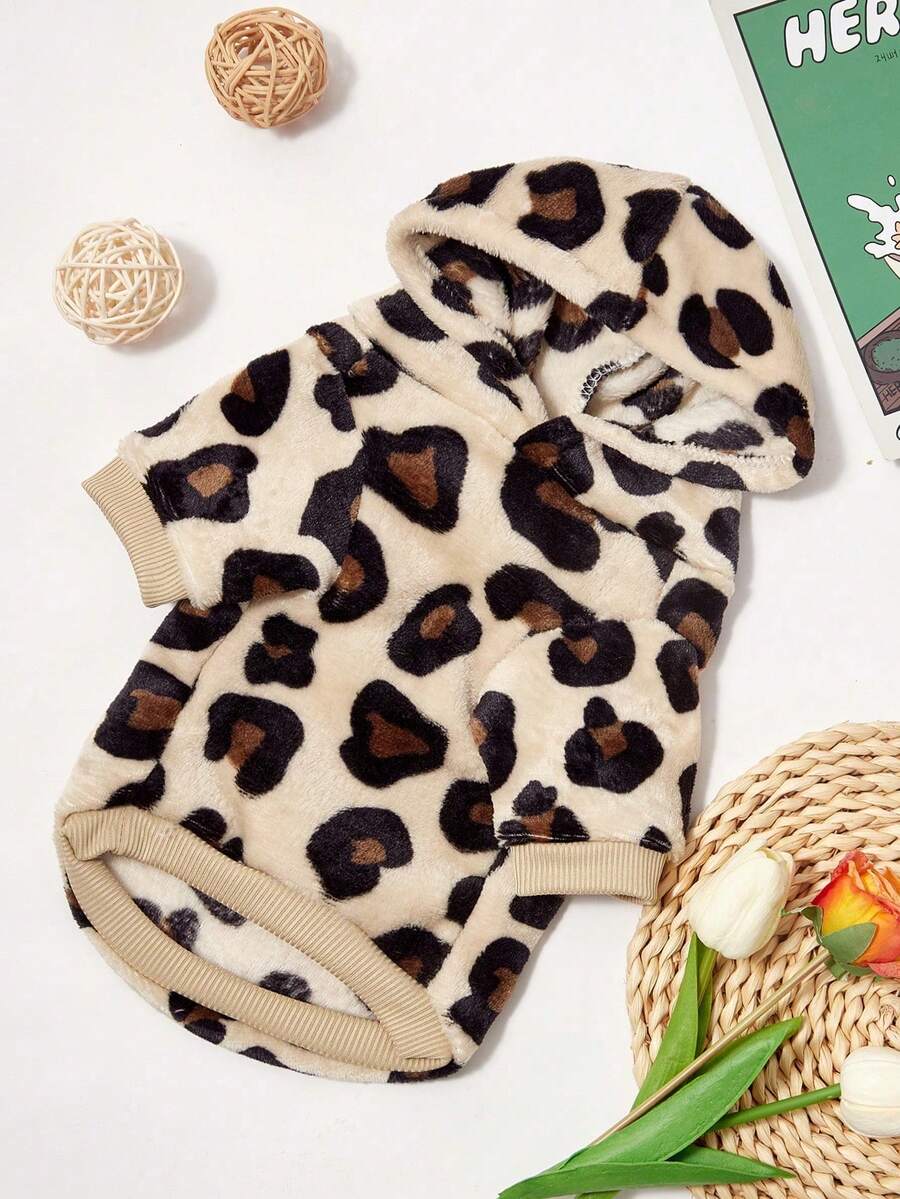PETSIN 1 Pc Pet Leopard Print Plush Hoodie Sweatshirt, Thick Warm Outfit For Cats And Dogs In Autumn/Winter - Multicolor - View 1