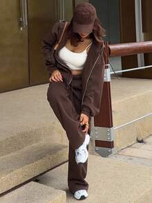 DAZY Women's Casual Everyday Commute Simple Solid Color Drop Shoulder Loose Zip-Up Drawstring Hoodie And Wide Leg Sweatpants 2 Pieces Set, Autumn/Winter