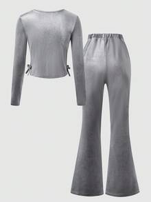 SHEIN Explorewe 青少年女孩纯色圆领长袖蝴蝶结装饰T恤和喇叭裤套装