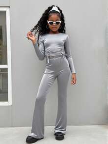 SHEIN Explorewe 青少年女孩纯色圆领长袖蝴蝶结装饰T恤和喇叭裤套装