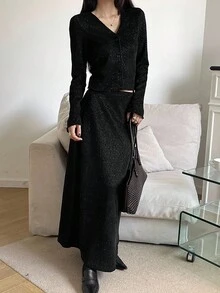 DAZY Bộ 2 món áo cardigan ôm sát, áo và chân váy, họa tiết hoa kẻ caro nền tối màu, thời trang công sở, thoải mái, lấp lánh, dự tiệc cưới, thu/đông cho nữ - màu đen - Xem 2