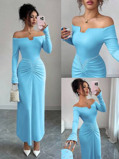 Elenzga 珍珠点缀，高腰褶饰修身连衣裙，精致优雅，别致的单色拼色设计，适合生日派对、正式场合、约会，露肩长袖女式连衣裙