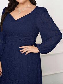 Modelyn Plus Size Elegant Party Solid Color Lace Dress Fall - Navy Blue - View 5