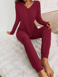 SHEIN 女式罗纹羊毛 V 领休闲家居套装，长袖上衣和裤子，适合睡衣或外套两件套家居套装舒适套装女士秋冬装 - 紅色 - 查看 7
