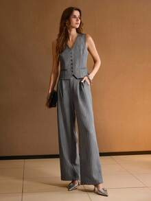 MOTF PREMIUM 极简主义V领条纹夹克，适合日常通勤