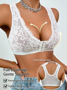 1pc Lace Contrast Mesh Front Closure Wireless Bra For Women - White - View 4