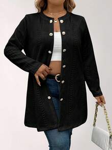 SHEIN LUNE Plus Size Solid Color Button Decor Long Sleeve Knit Cardigan Fall - Black - View 5
