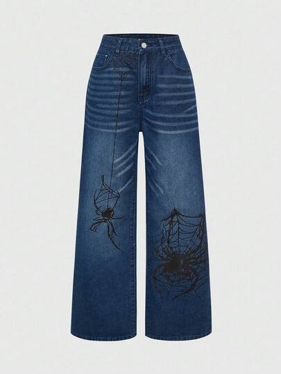 ROMWE Grunge Punk Women's Halloween Spider Web Wide Leg Jeans