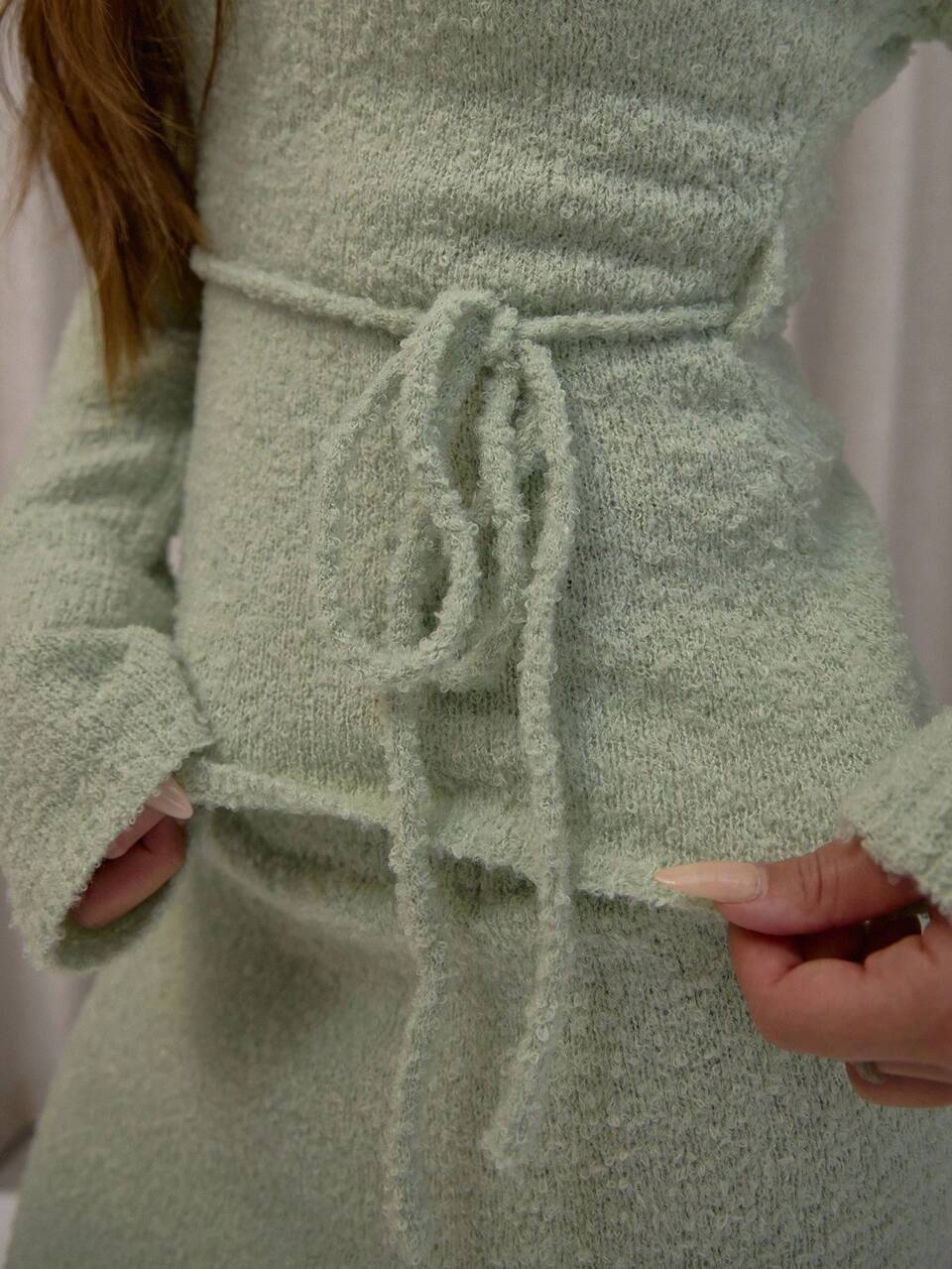 Sage Green Off The Shoulder Tie Waist Fluffy Knit Long Sleeve Top,Elegant Classy Streetwear For Autumn,Brunch,Night Out Evening Party New Year