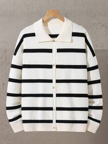 SHEIN White Striped Collared Drop Shoulder Knit Cardigan Sweater For Teenage Boys,Autumn Back-To-School Versatile Casual Knitwear For School,Daily,Party - Multicolor - View 8